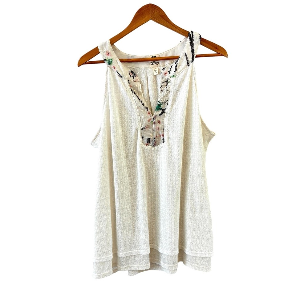 Tiny x Anthropologie Sequin Floral Tunic Top Womens XL White Knit Boho Festival